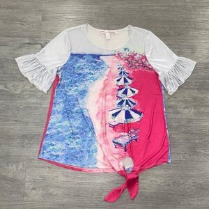 Leoma Lovegrove Women’s Medium Colorful Wearable Art Top Short Sleeve Ruffle Tee